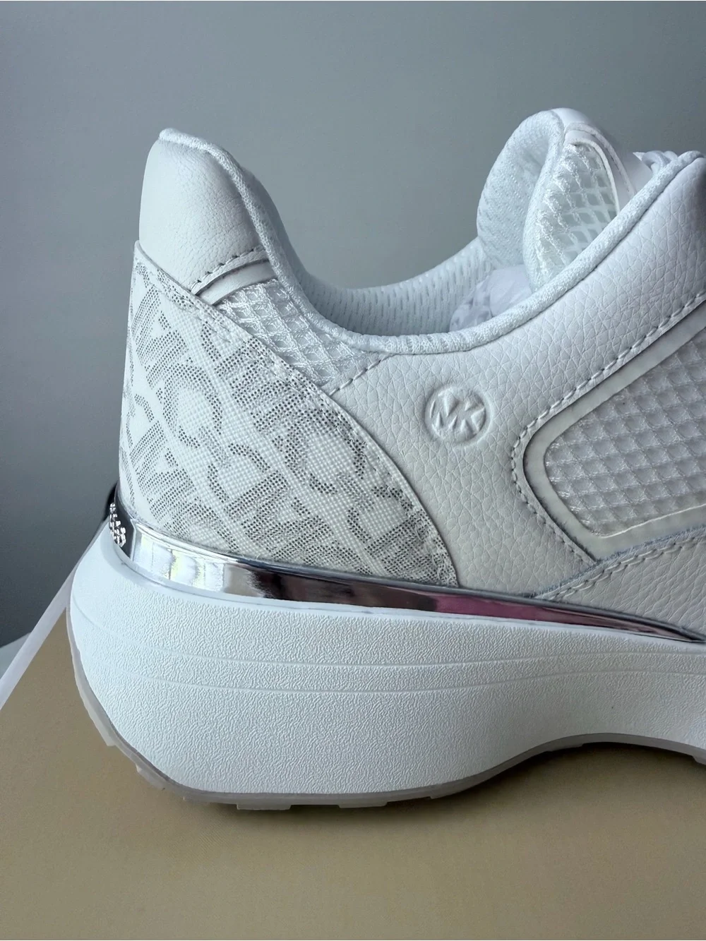 Michael Kors White Leather & Mesh Sneaker with Silver Trim